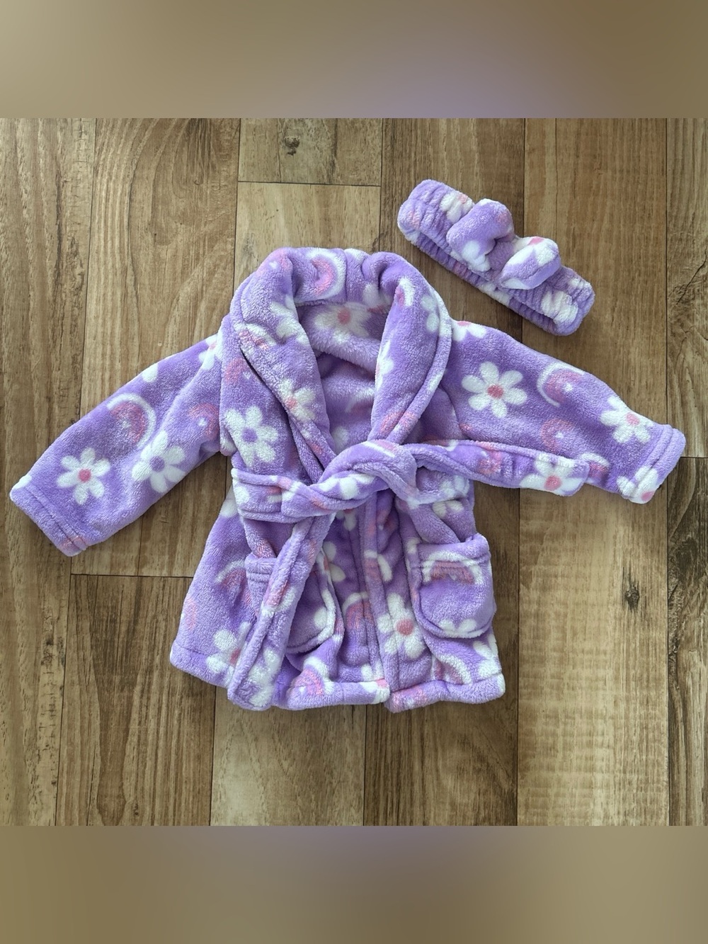 Plush Purple Floral Baby Robe with Matching Headband size 0-6 months